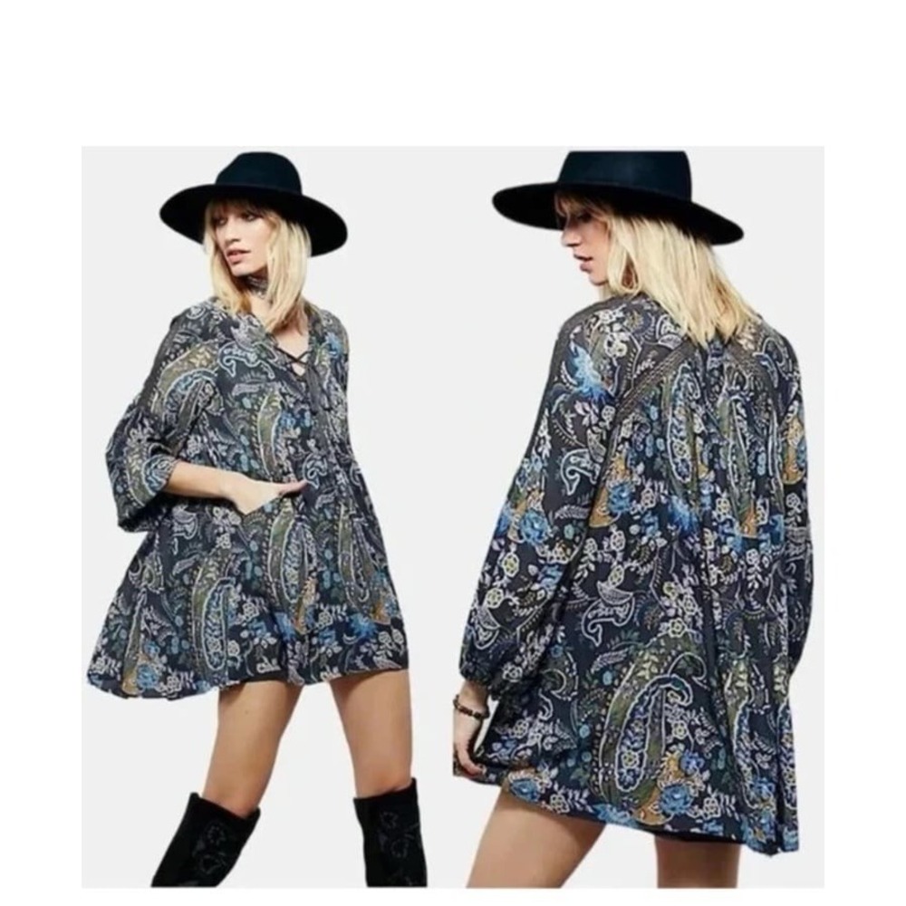 Free People Mini Dress Boho Baby Doll Lined Moss green S/P  Peasant Flowy 80s